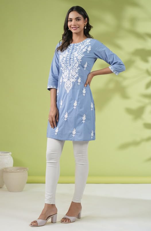 Janasya Women's Blue Cotton Chikankari Embroidered Regular Tunic(JAA24TU00246-M) - Image 4