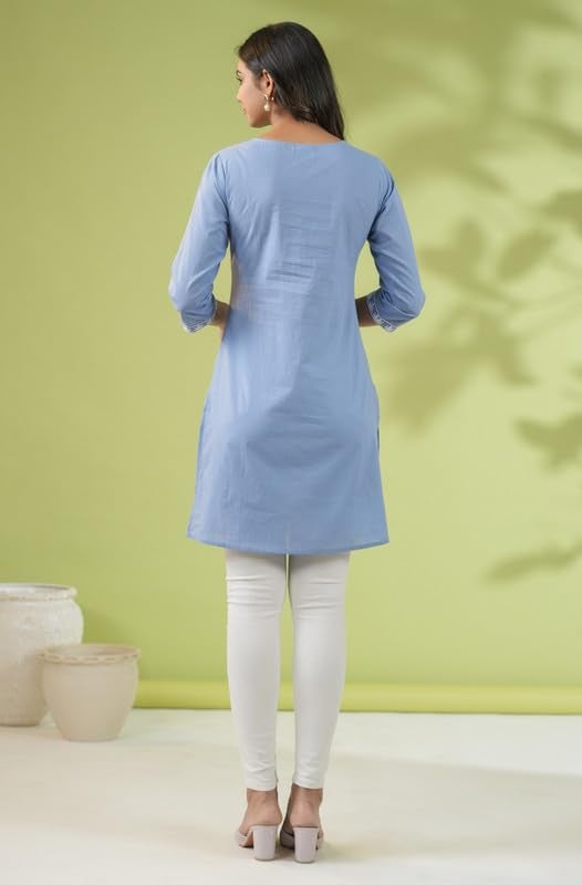 Janasya Women's Blue Cotton Chikankari Embroidered Regular Tunic(JAA24TU00246-M) - Image 5