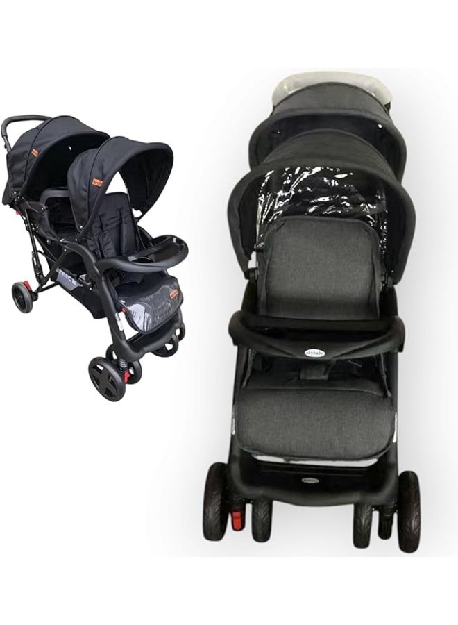 SKY Twin baby Stroller with Canopy, Adjustable Seats, and Large Storage Basket,with food try BLACK GREY - Image 1