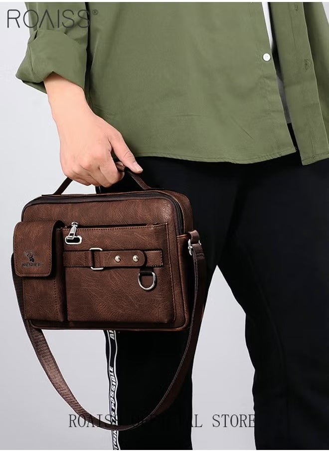 roaiss - Business Messenger Shoulder Bag PU Leather Retro Chic Handbag Casual Portable Zipper Crossbody Shoulder Bag Husband Gift for Men Travel Work Office - Image 1