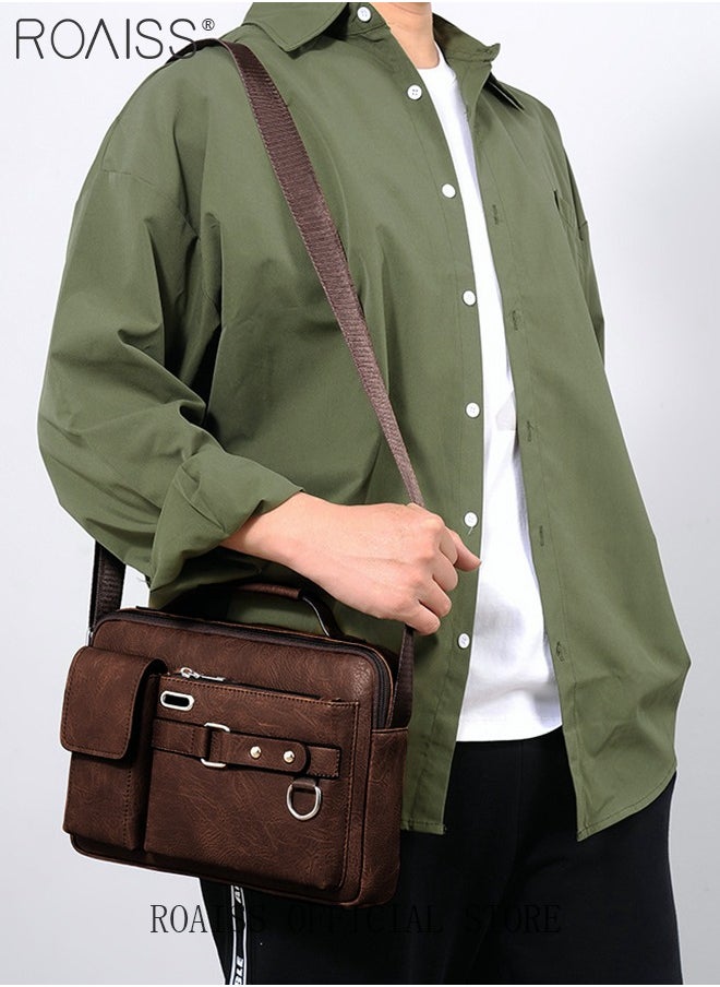 roaiss - Business Messenger Shoulder Bag PU Leather Retro Chic Handbag Casual Portable Zipper Crossbody Shoulder Bag Husband Gift for Men Travel Work Office - Image 1
