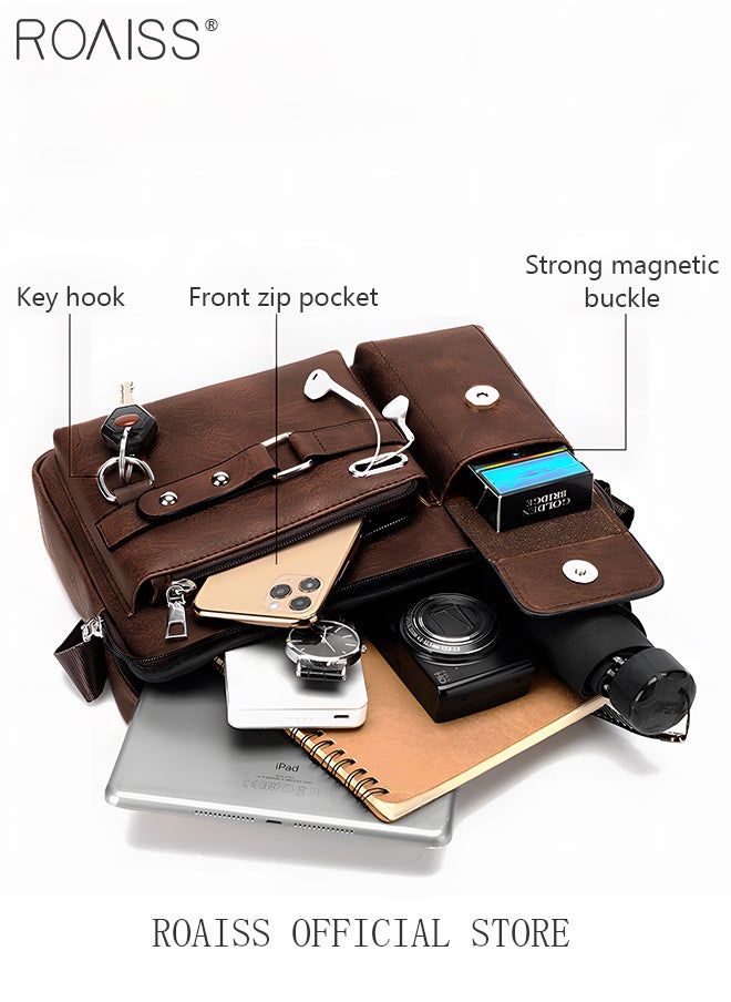 roaiss - Business Messenger Shoulder Bag PU Leather Retro Chic Handbag Casual Portable Zipper Crossbody Shoulder Bag Husband Gift for Men Travel Work Office - Image 1