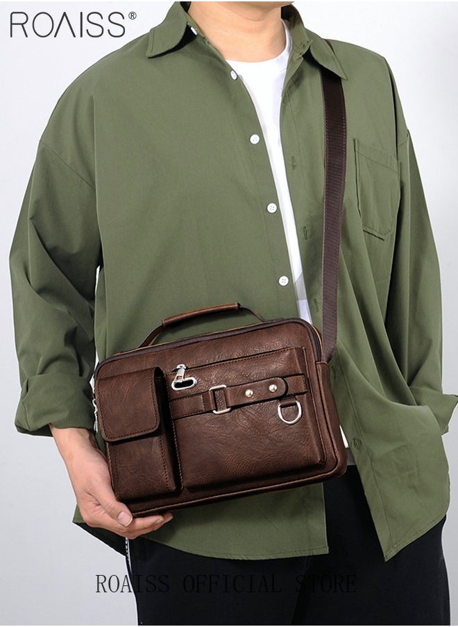 roaiss - Business Messenger Shoulder Bag PU Leather Retro Chic Handbag Casual Portable Zipper Crossbody Shoulder Bag Husband Gift for Men Travel Work Office - Image 1