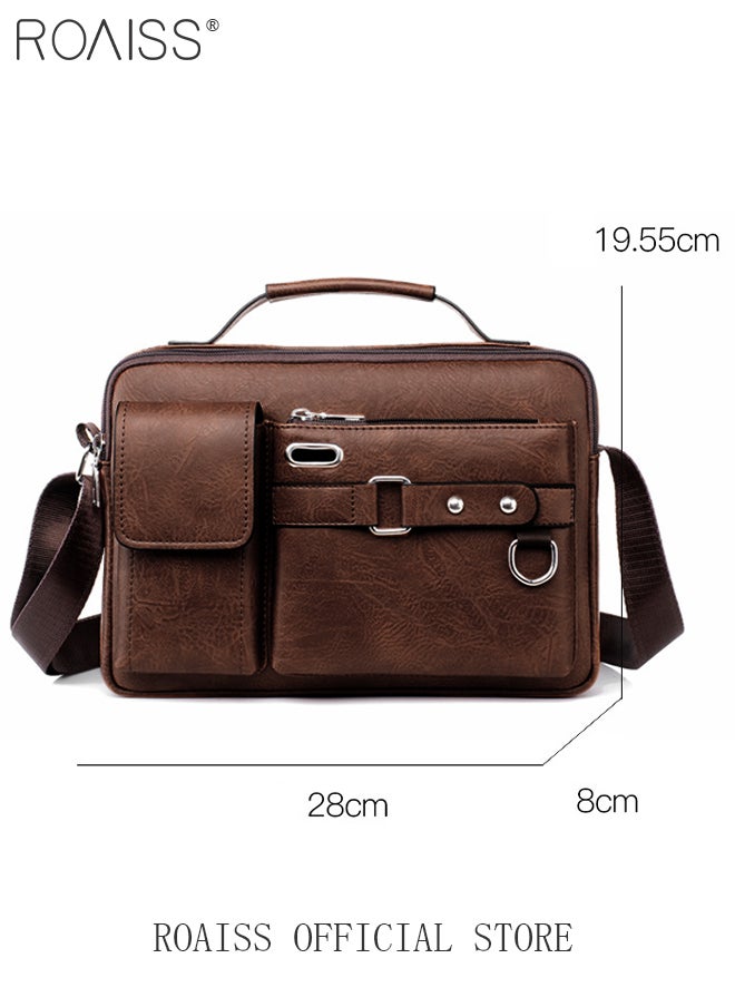 roaiss - Business Messenger Shoulder Bag PU Leather Retro Chic Handbag Casual Portable Zipper Crossbody Shoulder Bag Husband Gift for Men Travel Work Office - Image 1