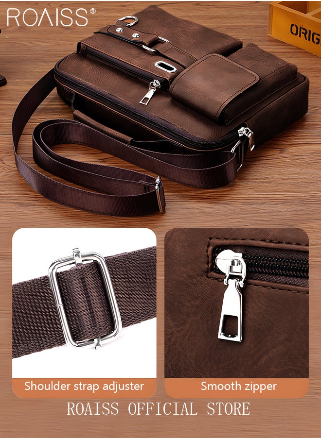 roaiss - Business Messenger Shoulder Bag PU Leather Retro Chic Handbag Casual Portable Zipper Crossbody Shoulder Bag Husband Gift for Men Travel Work Office - Image 1