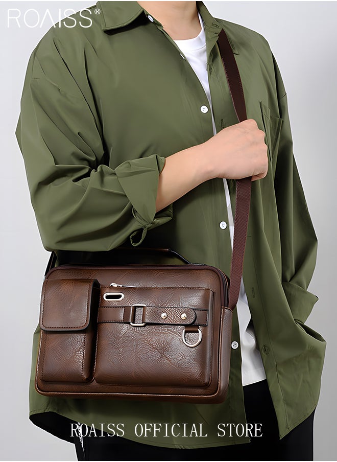 roaiss - Business Messenger Shoulder Bag PU Leather Retro Chic Handbag Casual Portable Zipper Crossbody Shoulder Bag Husband Gift for Men Travel Work Office - Image 1