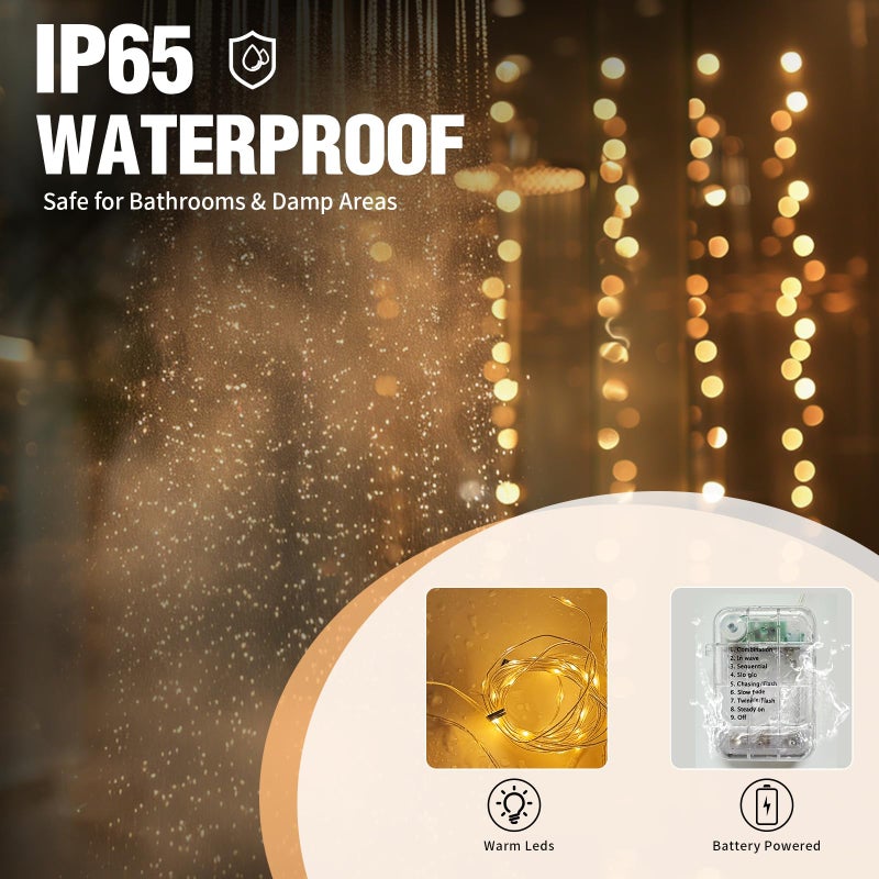 Patioman Waterproof LED Shower Curtain Lights - 72 Inch Fairy Lights for Bathroom, 8 Modes Warm White Spa Mood Lighting for Dark Bathrooms and Outdoor DÃ©cor (No Curtain) - Image 3