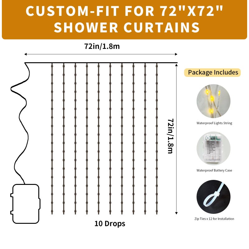 Patioman Waterproof LED Shower Curtain Lights - 72 Inch Fairy Lights for Bathroom, 8 Modes Warm White Spa Mood Lighting for Dark Bathrooms and Outdoor DÃ©cor (No Curtain) - Image 2