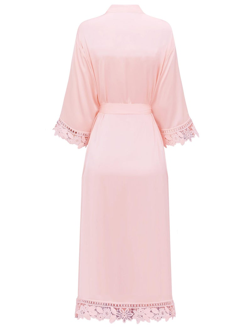 Kihnop Women's Lace Trim Kimono Long Satin Silk Robe, Pink - Image 2