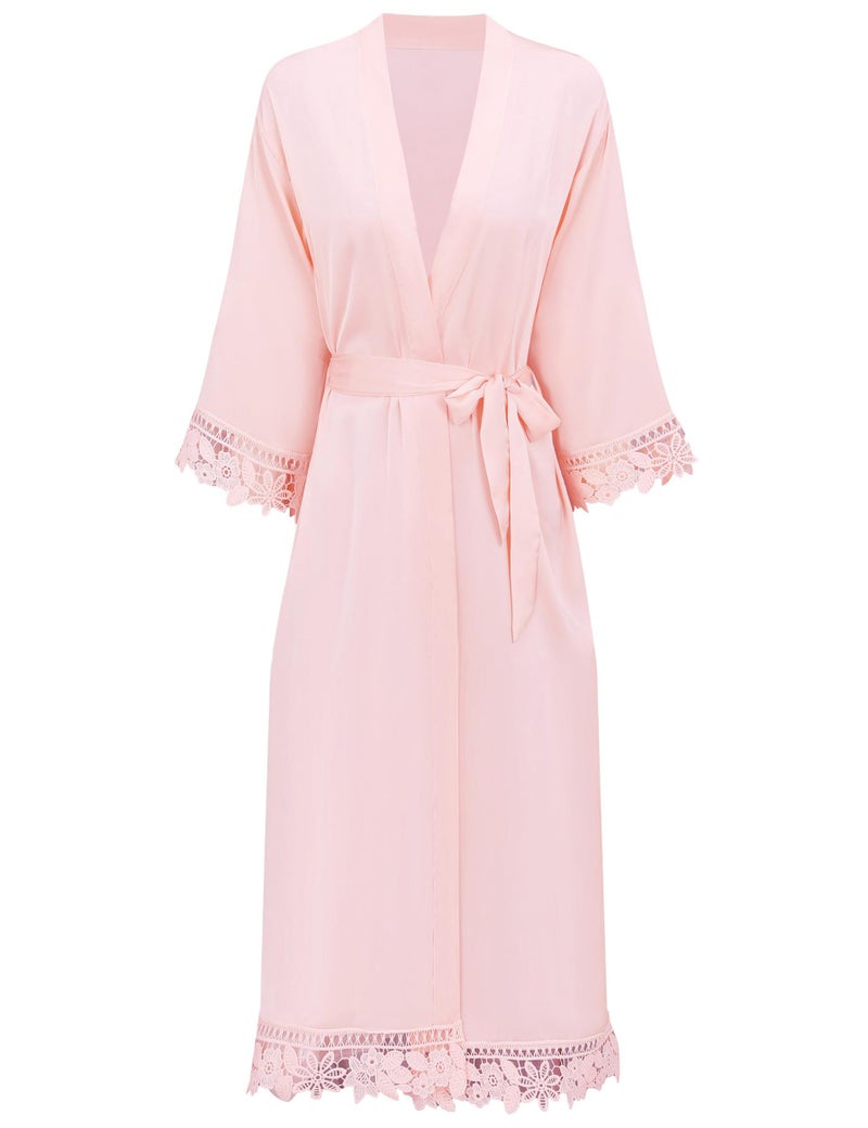 Kihnop Women's Lace Trim Kimono Long Satin Silk Robe, Pink - Image 1