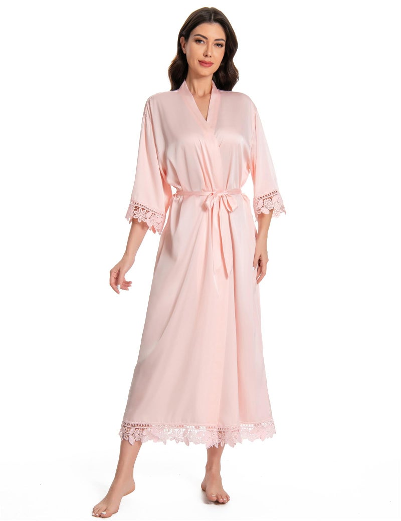 Kihnop Women's Lace Trim Kimono Long Satin Silk Robe, Pink - Image 3