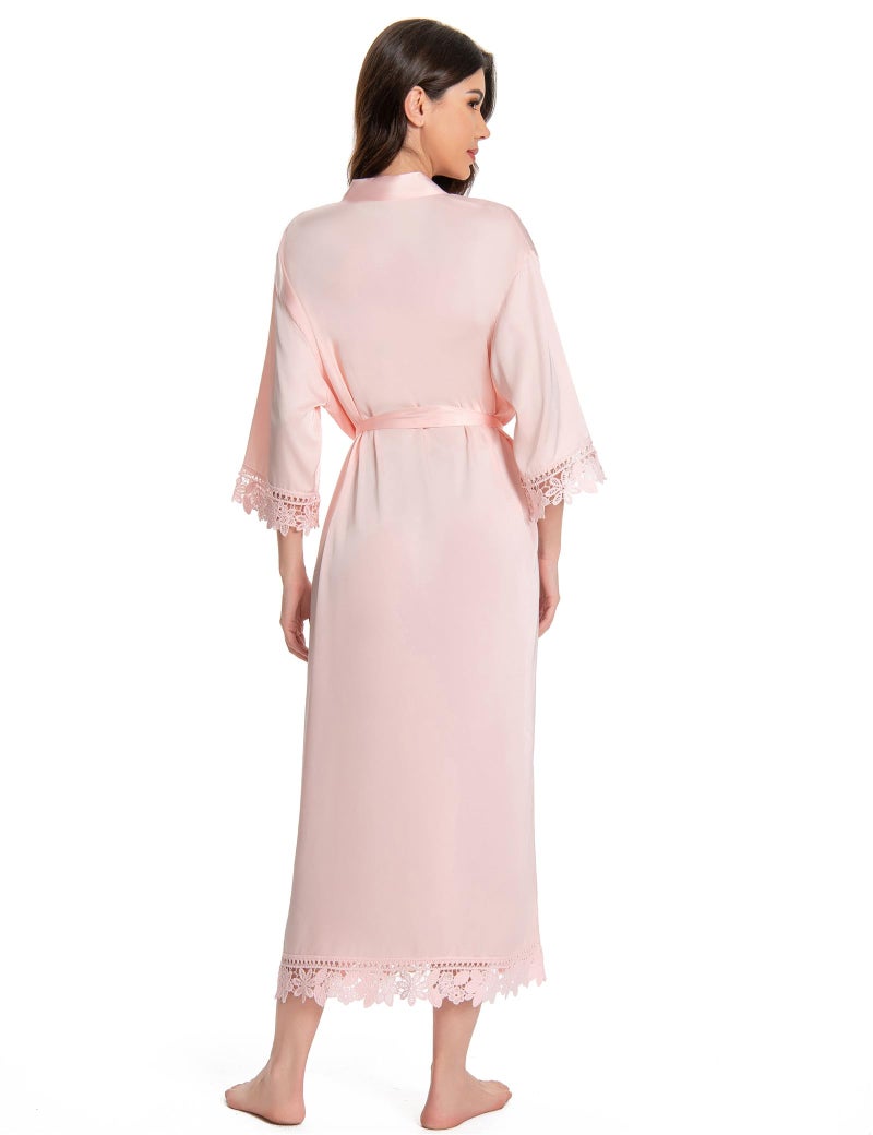 Kihnop Women's Lace Trim Kimono Long Satin Silk Robe, Pink - Image 5
