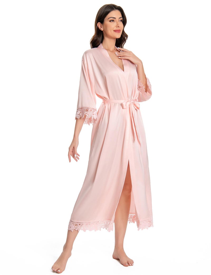 Kihnop Women's Lace Trim Kimono Long Satin Silk Robe, Pink - Image 4