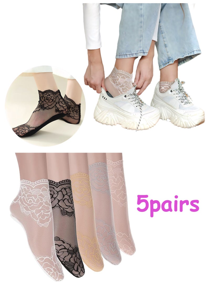 5Pairs Women's Lace Socks Sheer Lace Socks Fishnet Socks Ankle Mesh Lace Socks Lace Loose Socks for Women Girls - Image 1