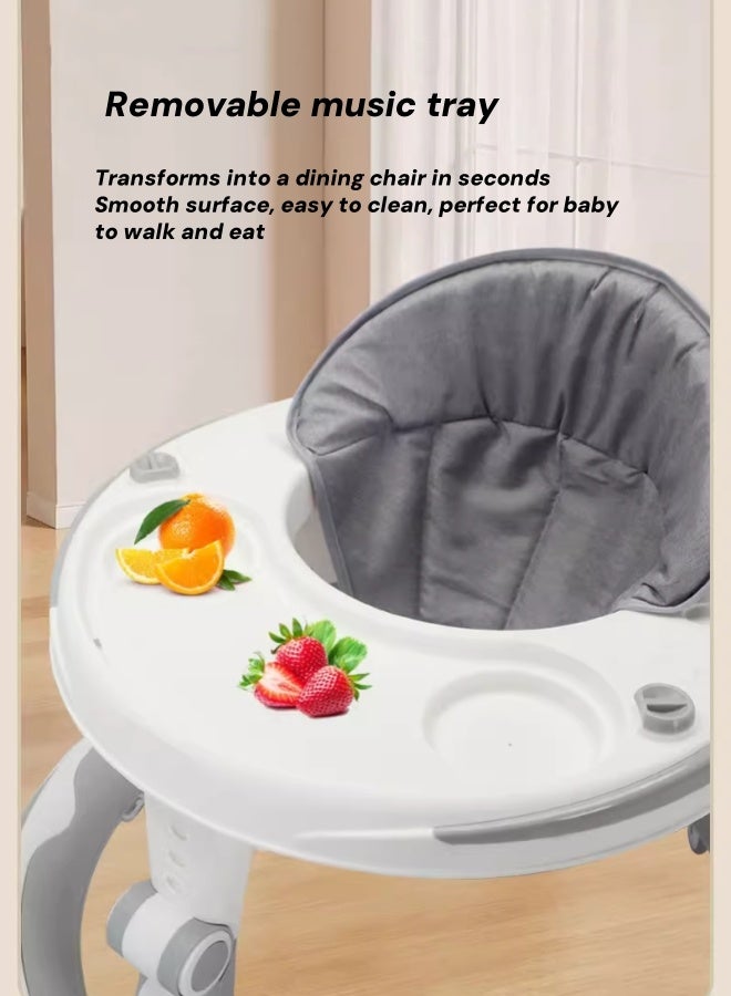 oldlaiben Foldable Baby Walker Infant Toddler Walker Anti-Roll 6-Wheel Round Walker with Tray & Musical Toy & Brake, 4-Level Height Adjustment for Baby 6-18 Months Boy Girl (Grey) - Image 4