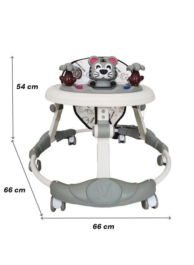 oldlaiben Foldable Baby Walker Infant Toddler Walker Anti-Roll 6-Wheel Round Walker with Tray & Musical Toy & Brake, 4-Level Height Adjustment for Baby 6-18 Months Boy Girl (Grey) - Image 2