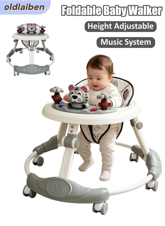 oldlaiben Foldable Baby Walker Infant Toddler Walker Anti-Roll 6-Wheel Round Walker with Tray & Musical Toy & Brake, 4-Level Height Adjustment for Baby 6-18 Months Boy Girl (Grey) - Image 1