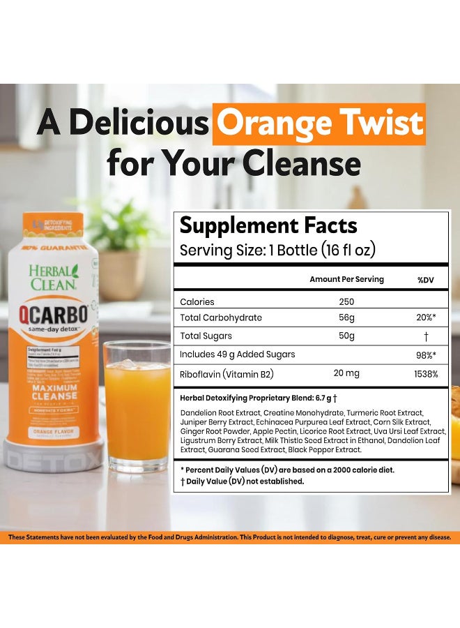 Herbal Clean Qcarbo16 Same-Day Detox Cleanse Drink (16 fl oz) - Orange Flavor Full Body Cleanse* Detox Drink for Moderate Toxin Level*, Vitamin B2 and Vitamin B12 for Men & Women - Image 2