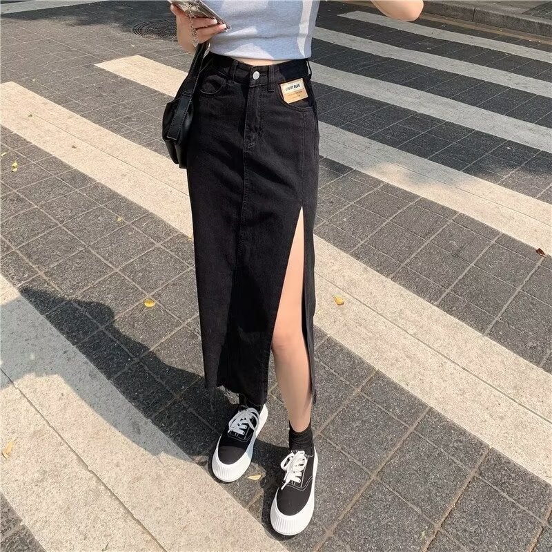 High Waist Side Slit Denim Skirt Women'S Autumn Slim A- Shaped Girl Fried Street Hip Long Skirt - Image 2
