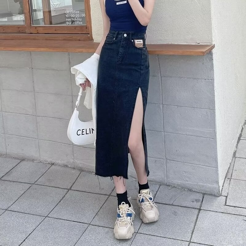 High Waist Side Slit Denim Skirt Women'S Autumn Slim A- Shaped Girl Fried Street Hip Long Skirt - Image 5