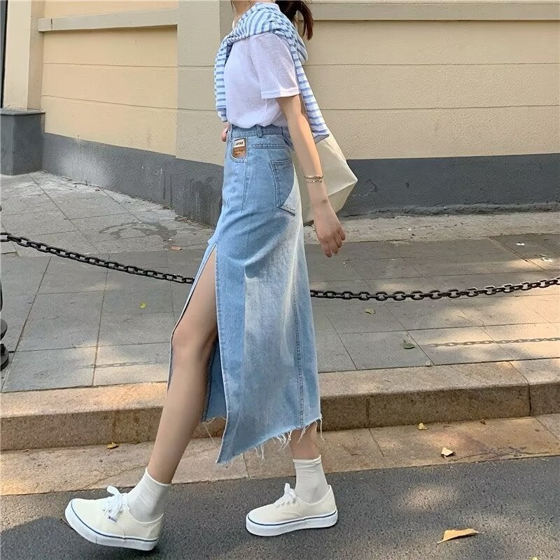 High Waist Side Slit Denim Skirt Women'S Autumn Slim A- Shaped Girl Fried Street Hip Long Skirt - Image 3