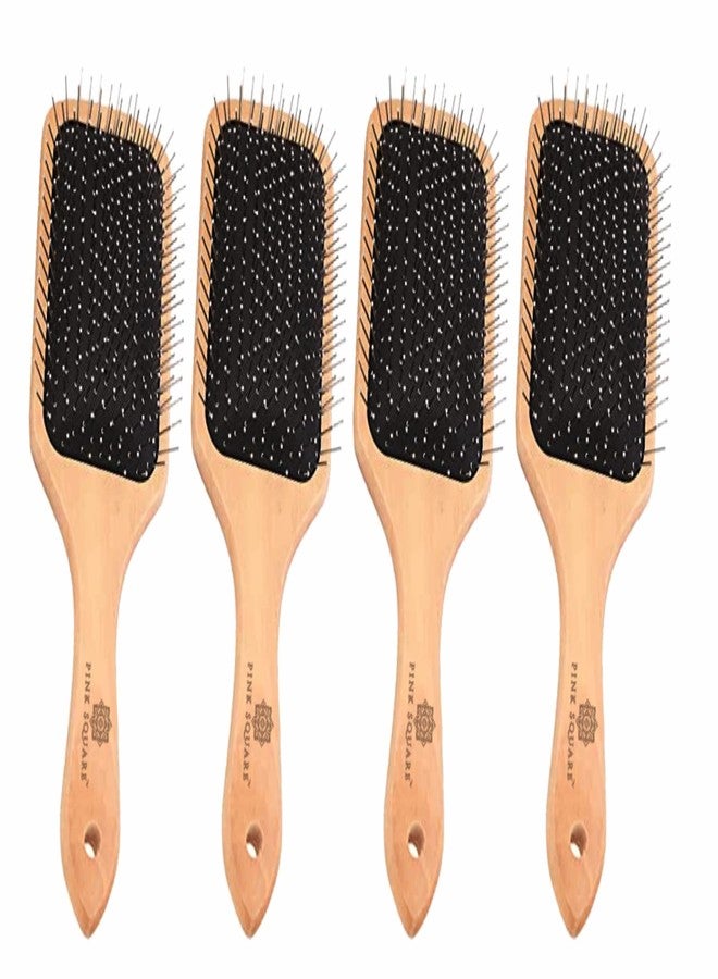 Pink Square Wooden Brush-Paddle Detangler Brush with nylon pins for Women/Men/Kids Massaging, Anti Static, Best for All Wet & Dry Hair Daily Use (Pack of 4) - Image 1