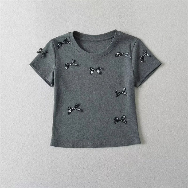 Chic Korean Style Handmade Bow Round Neck Short-Sleeved T-Shirt Styish Age-Reducing Slim-Fit Short Tops - Image 4