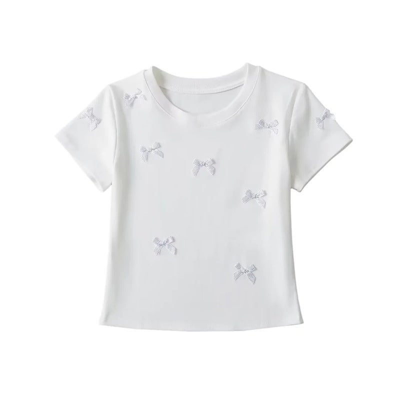 Chic Korean Style Handmade Bow Round Neck Short-Sleeved T-Shirt Styish Age-Reducing Slim-Fit Short Tops - Image 3