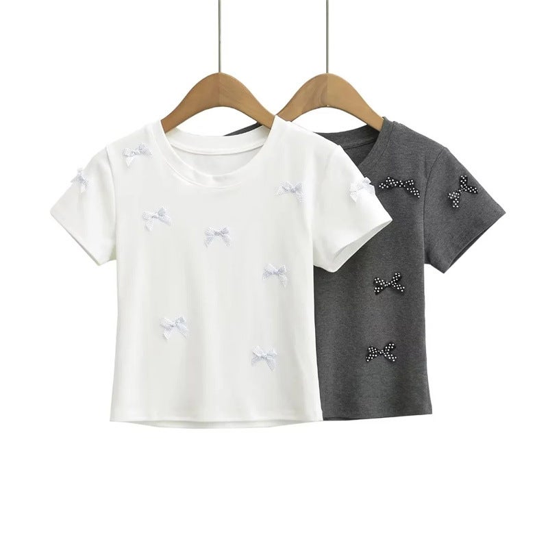 Chic Korean Style Handmade Bow Round Neck Short-Sleeved T-Shirt Styish Age-Reducing Slim-Fit Short Tops - Image 2