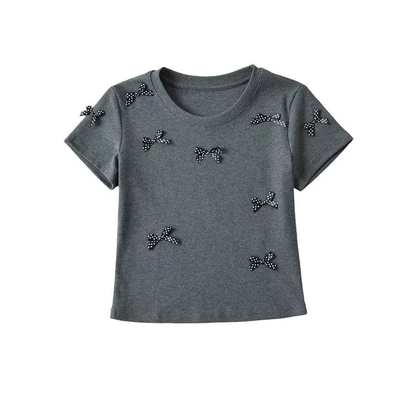 Chic Korean Style Handmade Bow Round Neck Short-Sleeved T-Shirt Styish Age-Reducing Slim-Fit Short Tops - Image 1