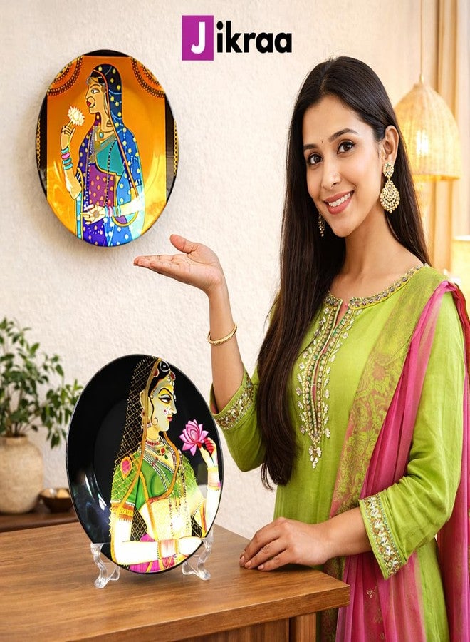 JIKRAA® Indian Rajasthani Traditional Art Ceramic Decorative Wall Plate 2-in-1 Wall Hanging & Tabletop Display | Gift for Diwali, Wedding & Housewarming | Set of 2 Plates of 8 Inch - Image 3
