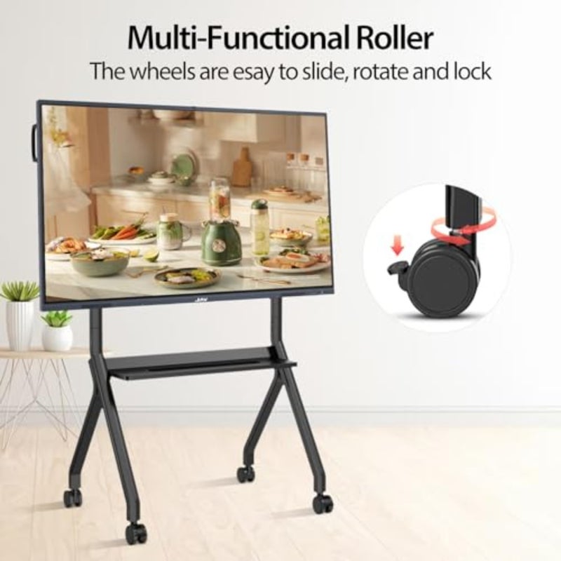 Smart Board Stand for Interactive Whiteboard 47-65, Steel Frame, Matte Black, Four Lockable Wheels for Modern Office or Classroom - Image 2
