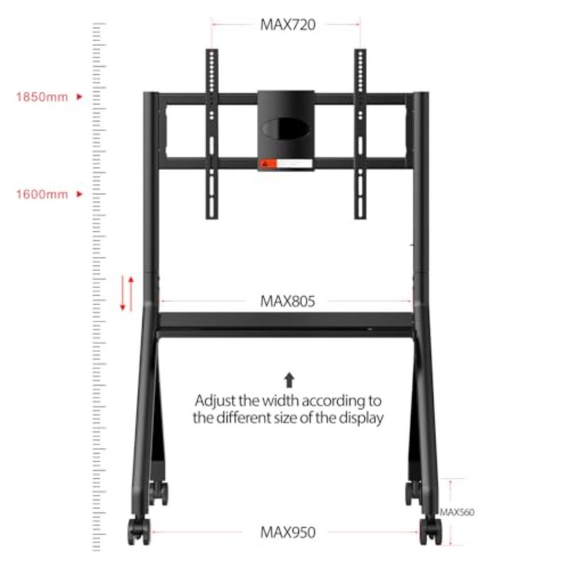 Smart Board Stand for Interactive Whiteboard 47-65, Steel Frame, Matte Black, Four Lockable Wheels for Modern Office or Classroom - Image 4