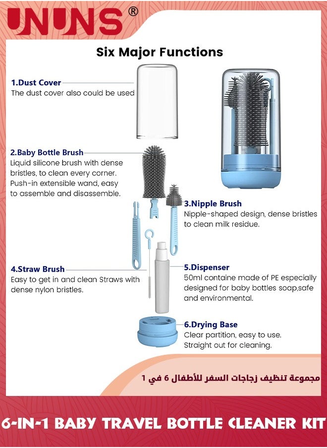 UNUNS Baby Bottle Brush Set,Travel Bottle Cleaner Kit With Extendable Silicone Bottle Brush, Nipple Cleaner Brush,Straw Brush,Soap Dispenser,Dust Cap And Stand,Travel Baby Essentials,Gift For New Moms  - Image 3