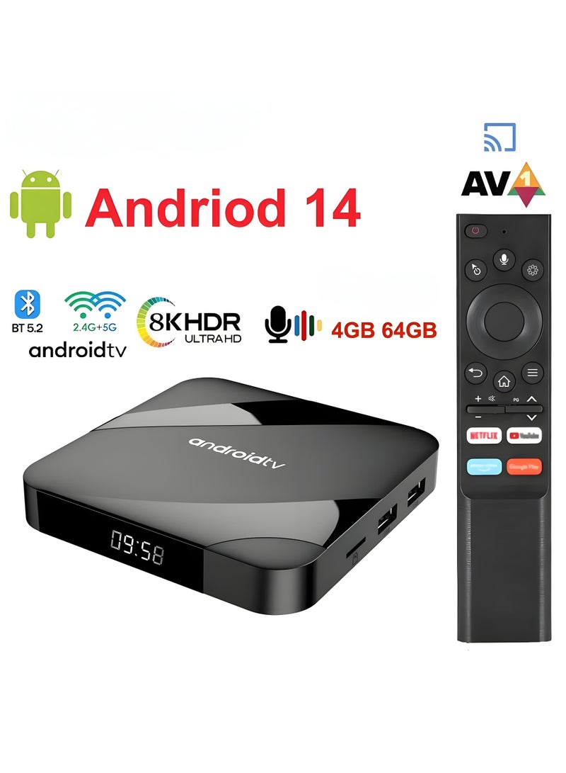 Bluetooth 5.2 Android TV Box 4GB RAM 64GB ROM AV1 S905W2 Quad-Core Dual Band WiFi Voice Remote 8K 4K Media Player Set Top Box for ATV Android 14 - Image 1