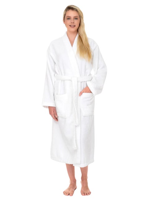 Bathrobe (Unisex) - 100% Cotton Shawl, Highly Absorbent, Super Soft Bathrobes For Women & Men- Adult , White رداء حمام (للجنسين) - شال قطني 100%، عالي الامتصاص، رداء حمام ناعم للغاية للنساء والرجال - للبالغين، أبيض