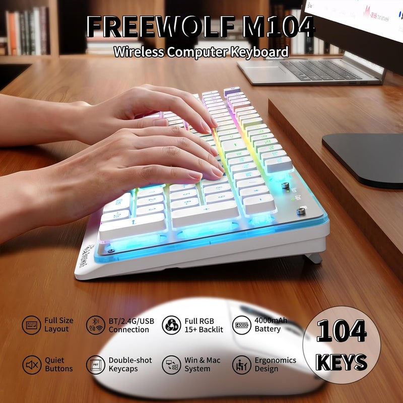 فري وولف لوحة مفاتيح FREEWOLF M104 RGB اللاسلكية للكمبيوتر، مفاتيح غشائية مريحة منخفضة الارتفاع، اتصال 2.4G/بلوتوث/USB سلكي، مقاومة للانسكاب، بطارية 4000 مللي أمبير، هادئة، 104 مفتاح كامل الحجم مع لوحة أرقام لأجهزة الكمبيوتر الشخصية والمحمولة وماك - أبيض - Image 2