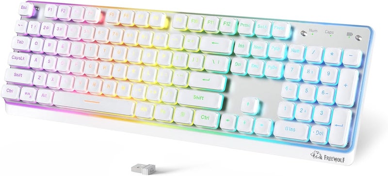 فري وولف لوحة مفاتيح FREEWOLF M104 RGB اللاسلكية للكمبيوتر، مفاتيح غشائية مريحة منخفضة الارتفاع، اتصال 2.4G/بلوتوث/USB سلكي، مقاومة للانسكاب، بطارية 4000 مللي أمبير، هادئة، 104 مفتاح كامل الحجم مع لوحة أرقام لأجهزة الكمبيوتر الشخصية والمحمولة وماك - أبيض - Image 1
