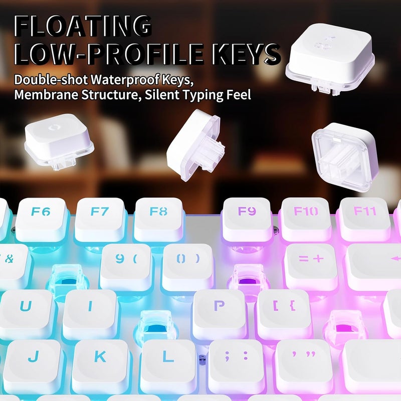 فري وولف لوحة مفاتيح FREEWOLF M104 RGB اللاسلكية للكمبيوتر، مفاتيح غشائية مريحة منخفضة الارتفاع، اتصال 2.4G/بلوتوث/USB سلكي، مقاومة للانسكاب، بطارية 4000 مللي أمبير، هادئة، 104 مفتاح كامل الحجم مع لوحة أرقام لأجهزة الكمبيوتر الشخصية والمحمولة وماك - أبيض - Image 5