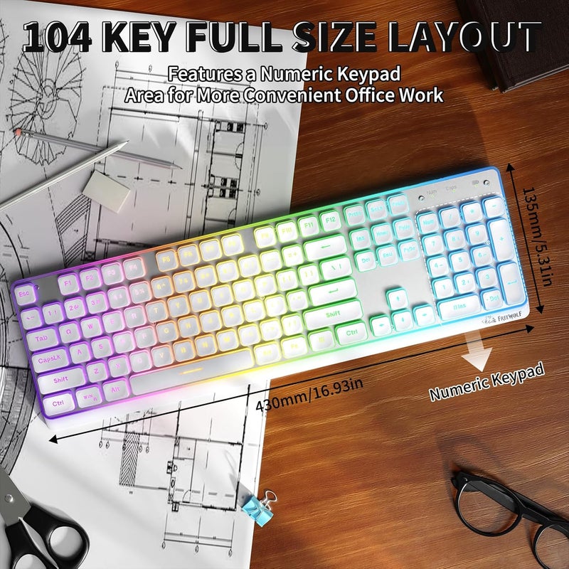 فري وولف لوحة مفاتيح FREEWOLF M104 RGB اللاسلكية للكمبيوتر، مفاتيح غشائية مريحة منخفضة الارتفاع، اتصال 2.4G/بلوتوث/USB سلكي، مقاومة للانسكاب، بطارية 4000 مللي أمبير، هادئة، 104 مفتاح كامل الحجم مع لوحة أرقام لأجهزة الكمبيوتر الشخصية والمحمولة وماك - أبيض - Image 4
