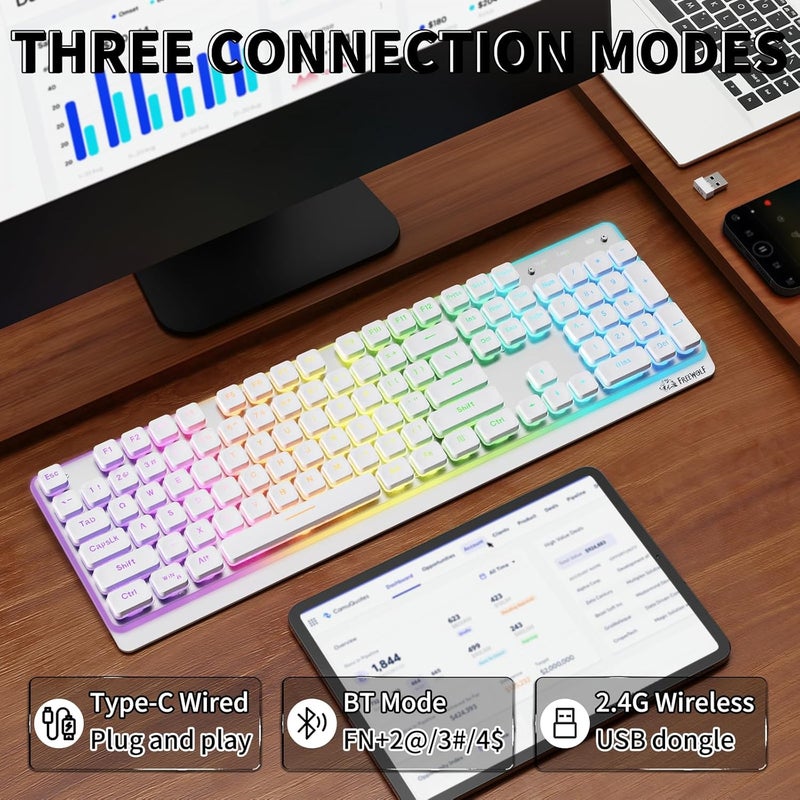 فري وولف لوحة مفاتيح FREEWOLF M104 RGB اللاسلكية للكمبيوتر، مفاتيح غشائية مريحة منخفضة الارتفاع، اتصال 2.4G/بلوتوث/USB سلكي، مقاومة للانسكاب، بطارية 4000 مللي أمبير، هادئة، 104 مفتاح كامل الحجم مع لوحة أرقام لأجهزة الكمبيوتر الشخصية والمحمولة وماك - أبيض - Image 3
