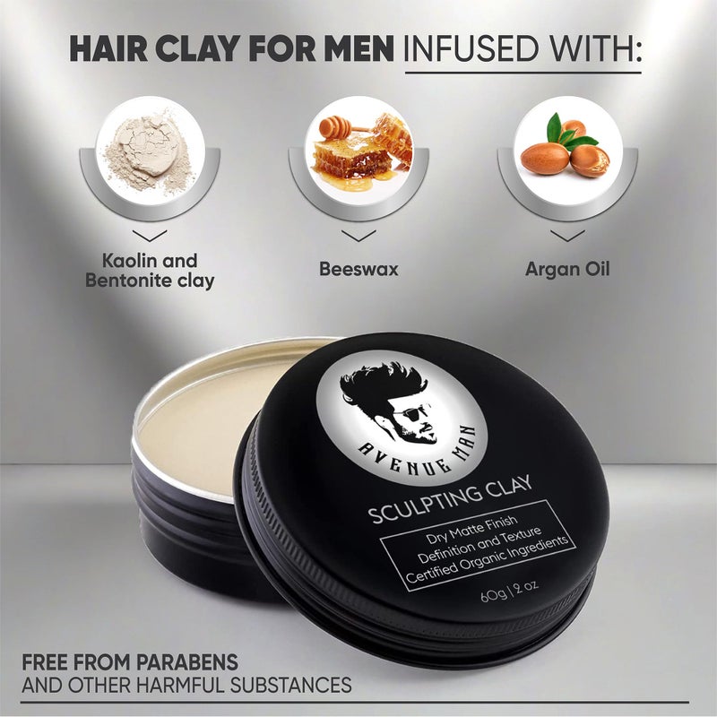 Avenue Man Hair Clay for Men - Matte Finish Sculpting Wax - Strong Hold, Maximum Definition and Textured Control - For All Hair Types - Infused with Beeswax, Kaolin Clay and Argan Oil - 3.0oz/90g - Image 2