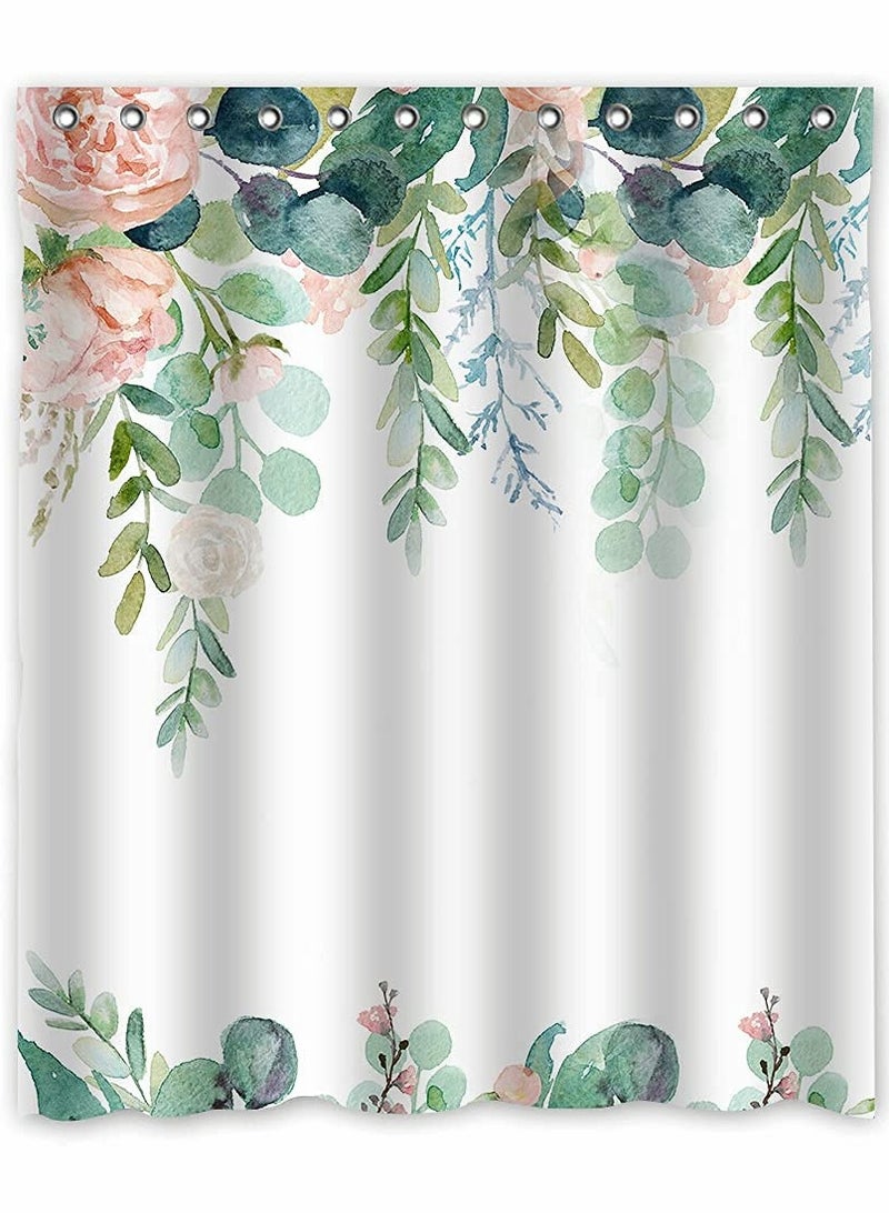 Floral Shower Curtain with 12 Hooks Pink Flowers Green Leaves Shower Curtain Set for Bathroom, Watercolor Boho Bath Curtain Set, Waterproof Fabric Shower Curtain - Image 1