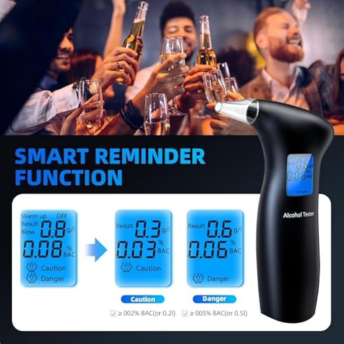 rayihni Portable Breathalyzer, Professional Digital Alcohol Breathalyzer Tester with Compact Design, Quick Results, Blue LCD Screen, 4 Reusable Mouthpieces Ideal for Personal & Professional Use - Image 2