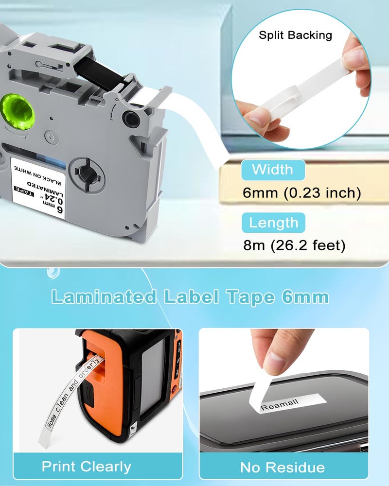 RAEMALL 6mm 0.23" Label Maker Tape Refill Replacement for Brother TZe TZ Tape Laminated Label Maker Tape 1/4 Inch Clear White Red Blue Yellow Green Made for Brother PT-D210 PT-H110 PTD400, 6 Color Set - Image 4