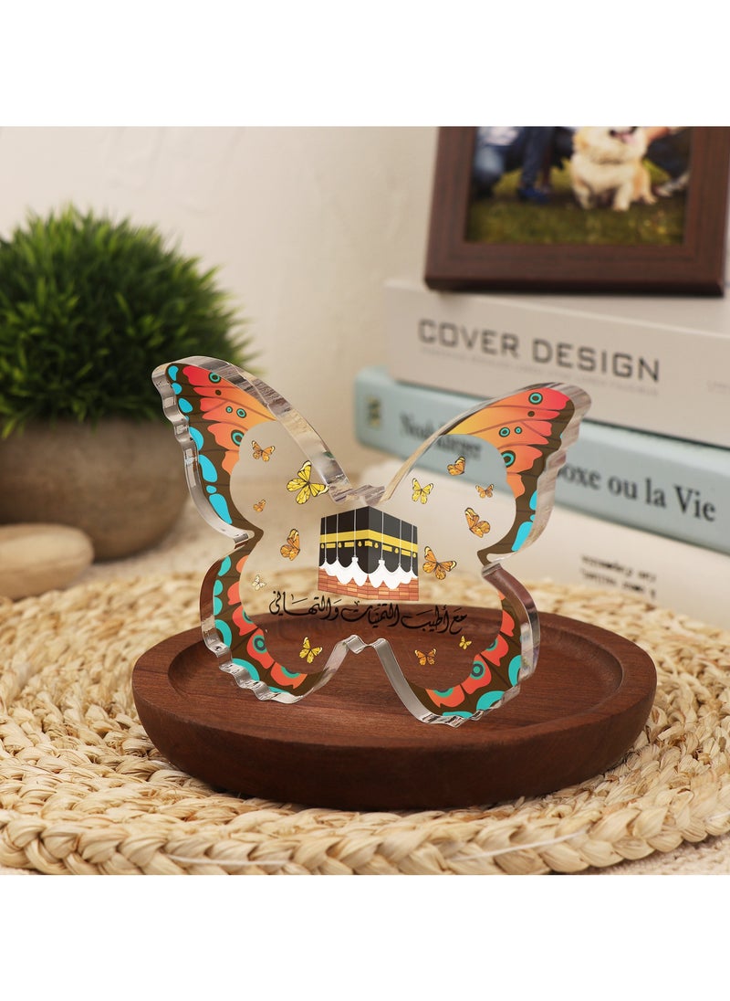 GALADUNE Muslim Festival Gift, Acrylic Butterfly Shape Decorative Plaque, Islamic Souvenir, Ramadan Gift, Birthday Gift, Holiday Decoration, Desktop Decoration, Blue And Orange Butterfly Around The Kaaba  - Image 1