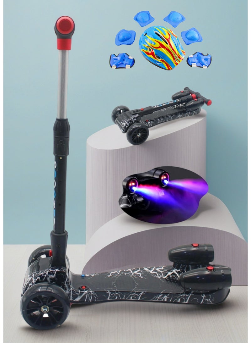 إيزي فيتشور سكوتر ركل سهل الاستخدام بثلاث عجلات للأولاد والبنات - عجلات LED مضيئة، موسيقى بلوتوث، رذاذ ماء وتأثير دخان - إمالة آمنة للتوجيه، للأعمار من 3 إلى 14 عامًا بما في ذلك مجموعة معدات الحماية الكاملة - Image 1