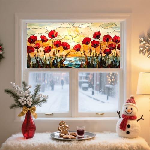 IVN Stained Glass Window Film 39.3x17.7 inch Poppy Flowers Window Privacy Film Stained Decals Static Cling Sun Blocking Decor for Home Office Windows Door Glass Partitions - Image 2