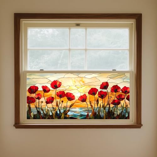 IVN Stained Glass Window Film 39.3x17.7 inch Poppy Flowers Window Privacy Film Stained Decals Static Cling Sun Blocking Decor for Home Office Windows Door Glass Partitions - Image 4