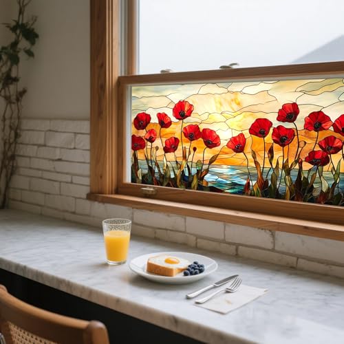 IVN Stained Glass Window Film 39.3x17.7 inch Poppy Flowers Window Privacy Film Stained Decals Static Cling Sun Blocking Decor for Home Office Windows Door Glass Partitions - Image 5